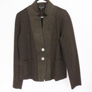 Eileen Fisher Boiled Wool Jacket Women Brown Blazer Small Suede trim Pockets